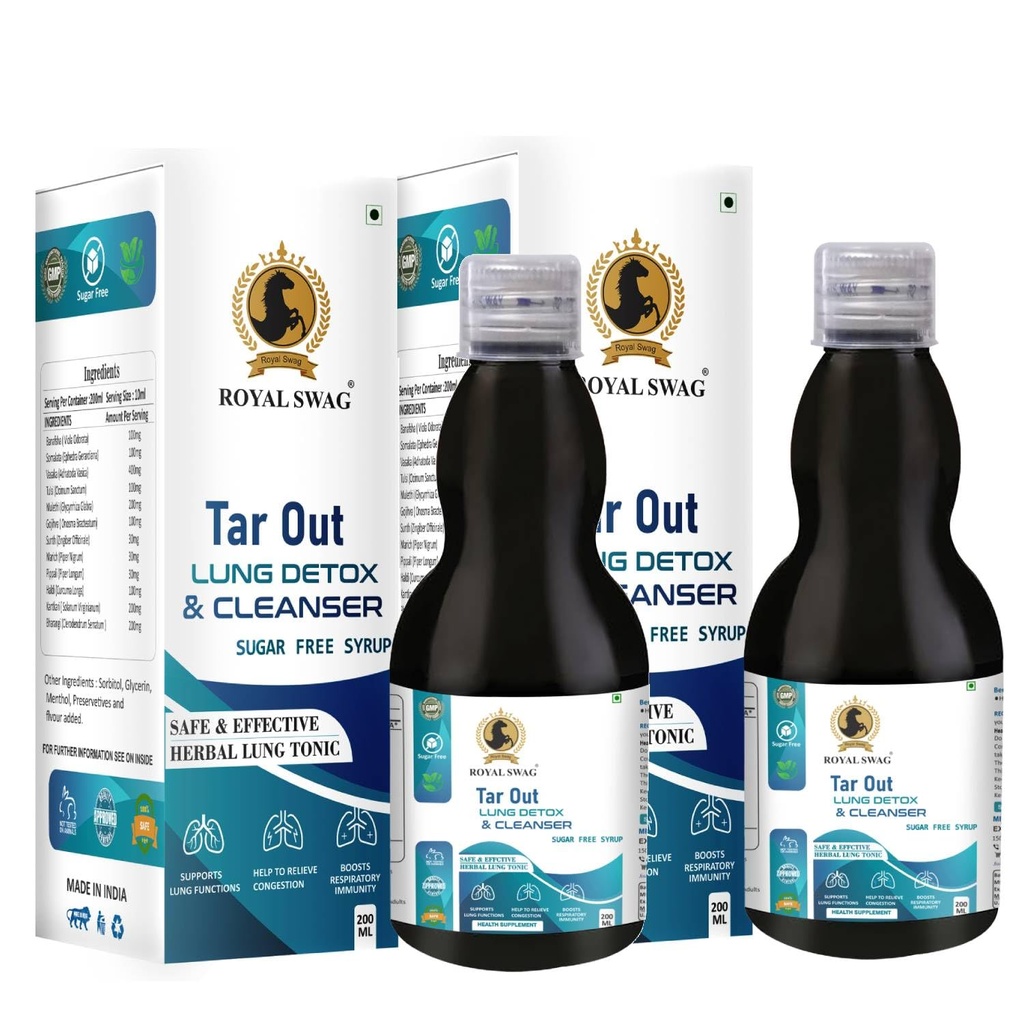 ROYAL SWAG Ayurveda Tar Out Syrup Lungs Detox Sugar Free (200 ML) Removes Tar from Lungs Due per Smoke & Air Pollution Herbal Syrub to Remove Toxins from Lung and Mucus Remover