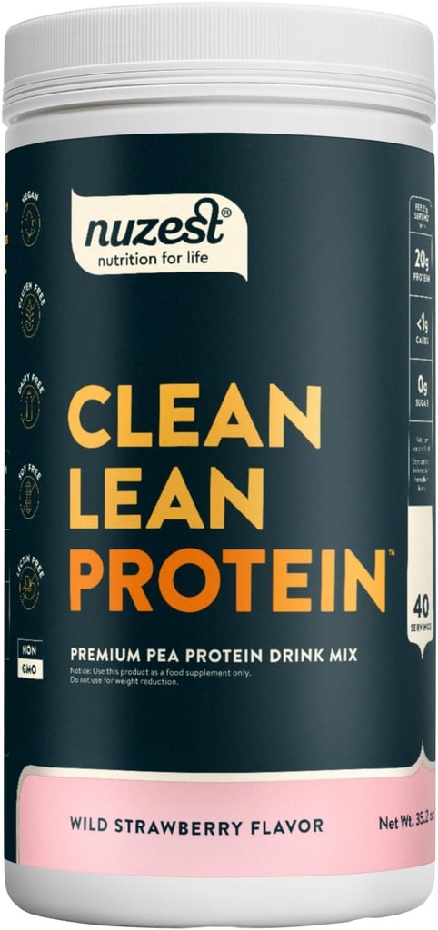 Nuzest - Pea Protein Powder - Clean Lean Protein, Premium Vegan Pflanzen basiertes Proteinpulver, Dairy Free, Glutenfrei, GMO Free, Natürlich gesüßt, Wild Erdbeere, 40 Servierungen, 2.2 lb