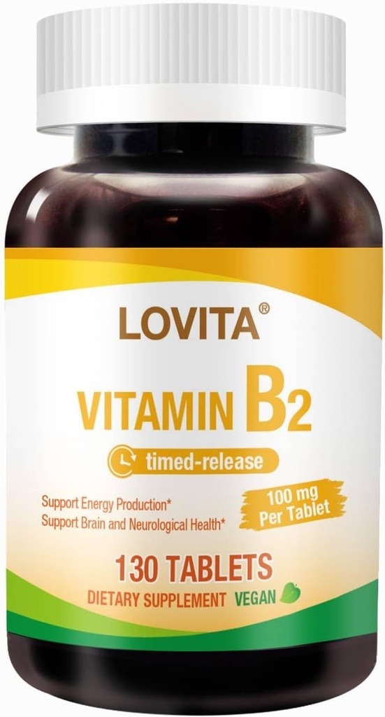 Lovita Vitamine B2 (Riboflavine) 100mg, libération dans le temps, 8 heures maintenues, soutien métabolisme et santé nerveuse, 130 comprimé végétalien