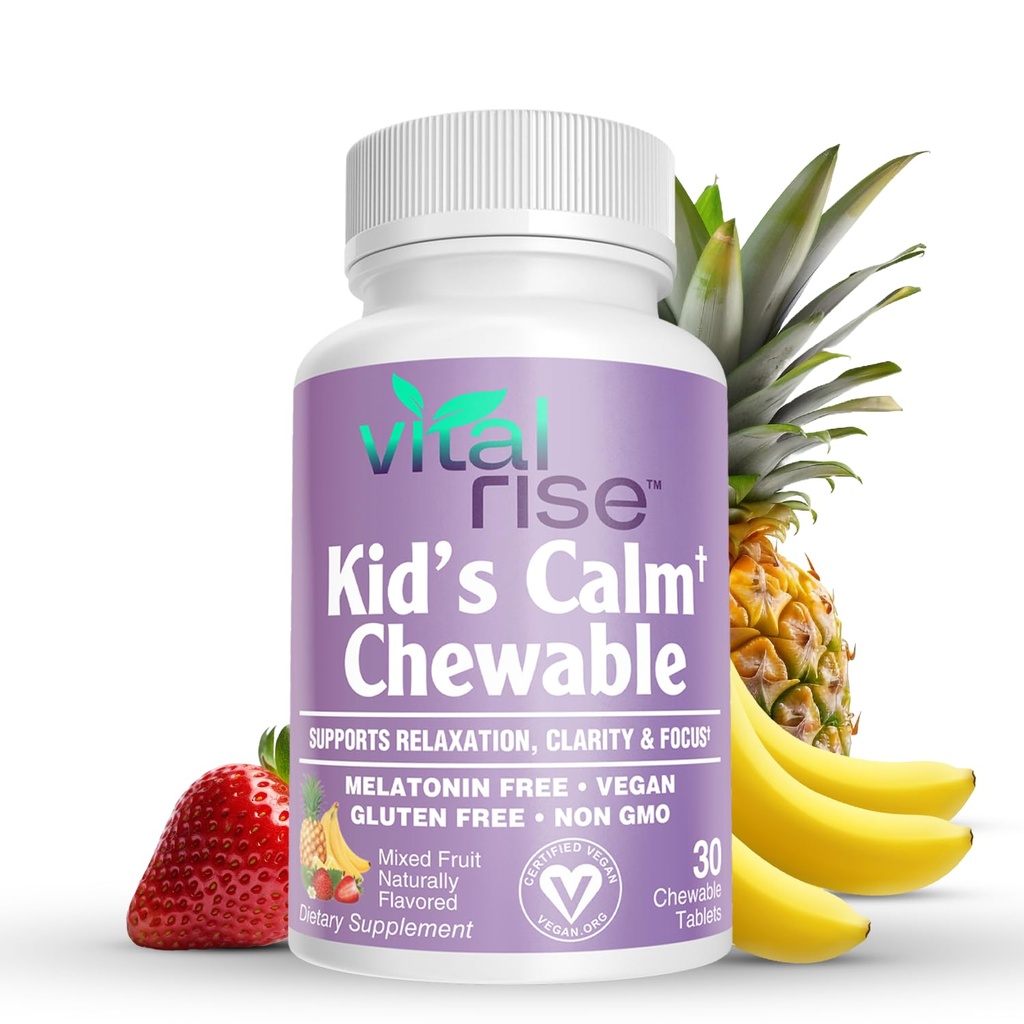 Bambini Magnesio Chewables - Supplemento giornaliero, Zucchero-Free & Melatonin-Free, Supporta una risposta sana Stress & Focus, Magnesio veloce assorbente con L-teanina, Frutta mista aroma,