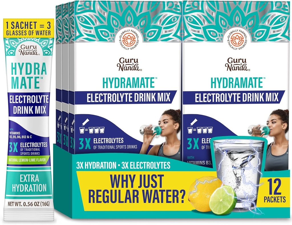 GuruNanda Hydramate Hydration Support Drink Mix - Electrolyte Powder Packets for Dehydration, Exercise & Energy - Nessun Addobbinamento aggiuntivo, Non OGM, Natural Lemon Lime Flavor - 12 Count (0.56 oz Ogni)