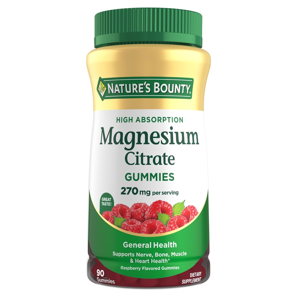 Nature's Bounty Magnesium Citrate Gummies für Erwachsene, unterstützt allgemeine Gesundheit, Knochen, Nerven, Muskel & Herz Gesundheit Unterstützung, 270mg pro Portion, Vegan, Non-GMO - Himbeer 90 Count
