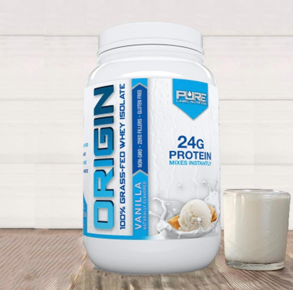 Pure Label Nutrition 100% Grass-Fed, Vanilla Whey Isolate Protein Powder (24g) con aminoacidi essenziali, per il recupero pre e post allenamento & Muscle Building, Low Fat & Low Carbs - 2lbs