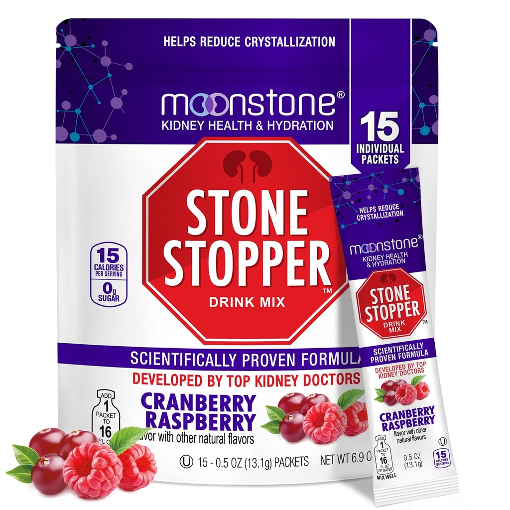 Moonstone Stone Stopper Drink Mix, framboise aux canneberges, prévention de la pierre de rein, protecteur d'oxalate de calcium, développé par les urologues pour améliorer l'hydratation et soutenir la santé rénale, 15 jours d'approvisionnement