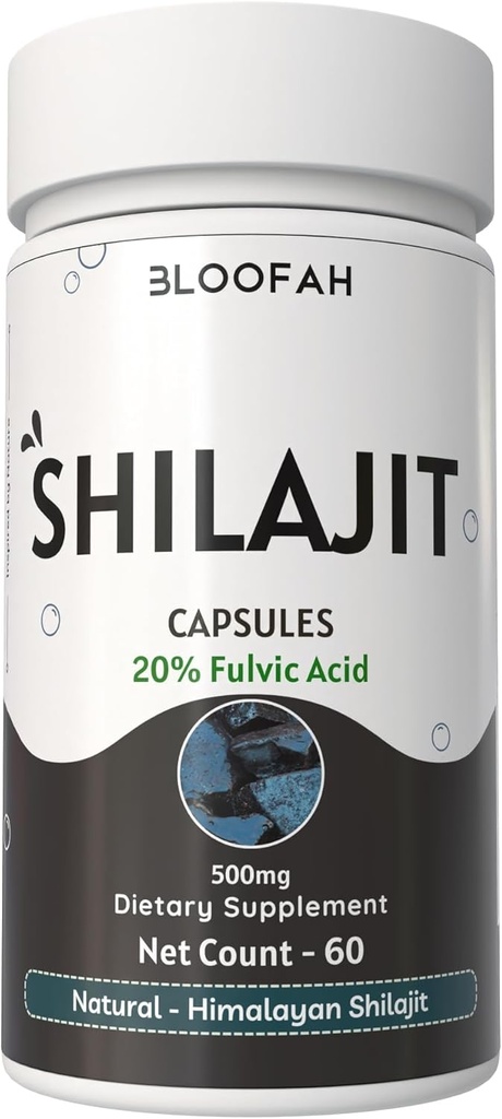 Shilajit capsule 500mg | 20% Estratto di polvere | Supplemento di asfalto purificato Estratto concentrato di alta potenza | Non OGM, Gluten-Free | Qualità Premium (60 conteggio (Pack of 1))