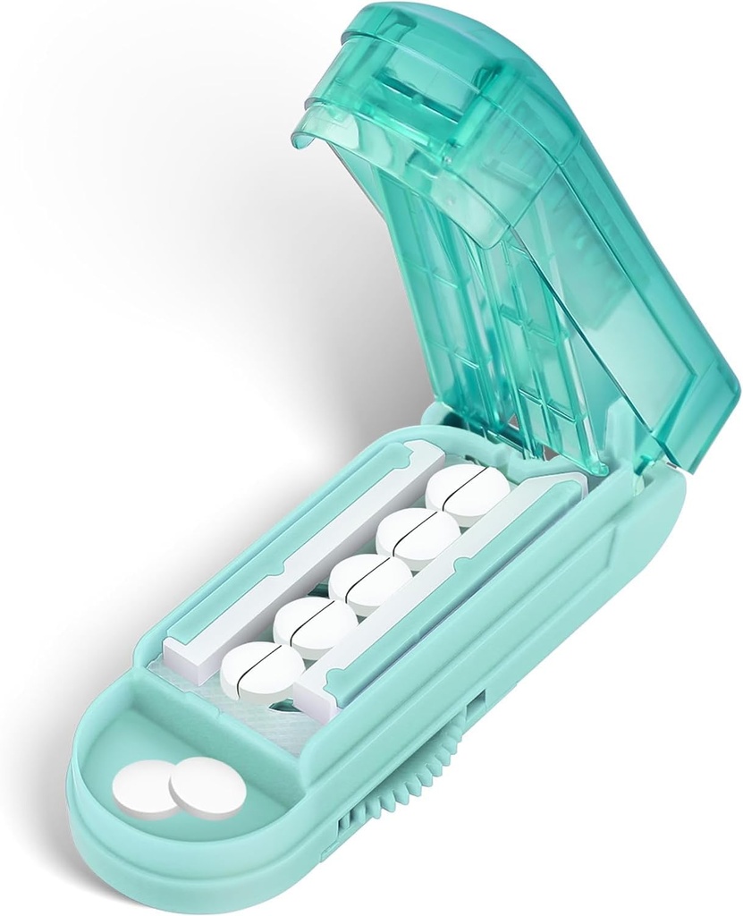 DUBSTAR Pille Cutter Splitter für kleine und winzige Pillen, mehrere Pillenschneider für kleine oder große Pillen, einstellbare Pille Splitter mit Zentriervorrichtung und Klingenschutz für mehrere Tablets (Cyan)