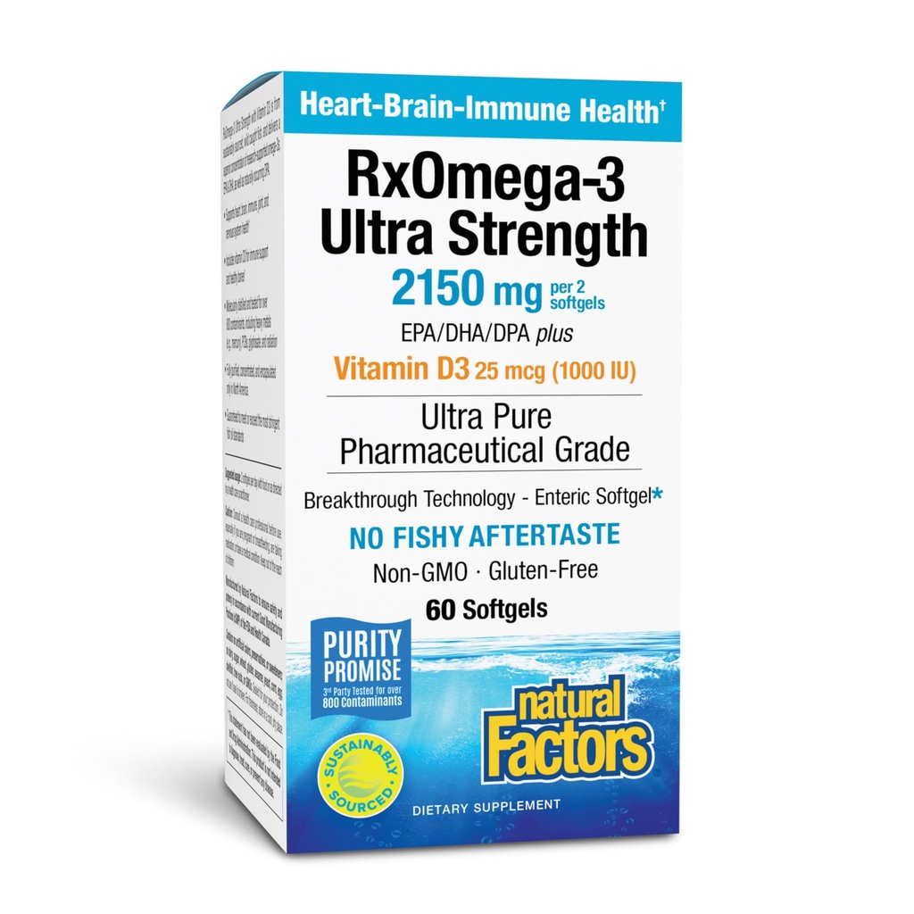 Natürliche Faktoren RxOmega-3 Ultra Strength - Nahrungsergänzungsmittel für Gehirn- und Herzgesundheitsunterstützung - Augengesundheitsergänzung mit EPA & DHA - Ergänzung mit Omega-3 Fettsäuren - 60 Softgels (30 Portionen)