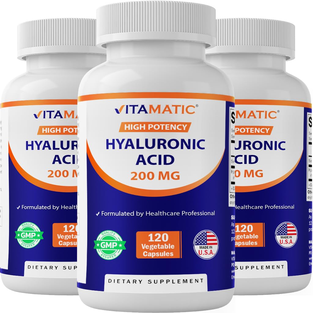 Vitamatic 3 Pack Suppléments à l'acide hyaluronique 200mg - Soutient des tissus et des articulations conjonctifs sains - Promouvoir la peau saine jeune - Total 360 Capsules