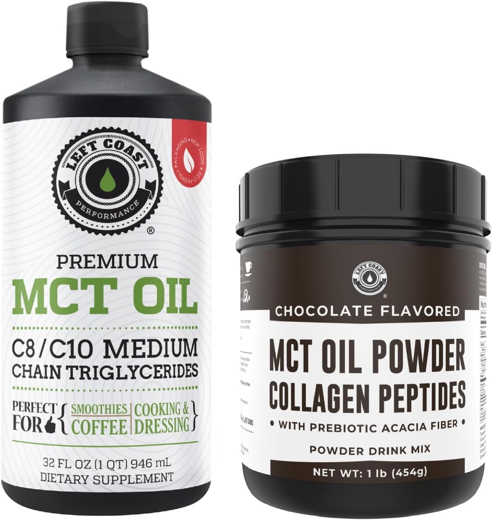 Left Coast Performance 100% Kokosnuss-MCT-Ölflüssigkeit, 32oz + Schokolade Keto MCT-Pulver, Collagen & Prebiotic Fiber, 16oz
