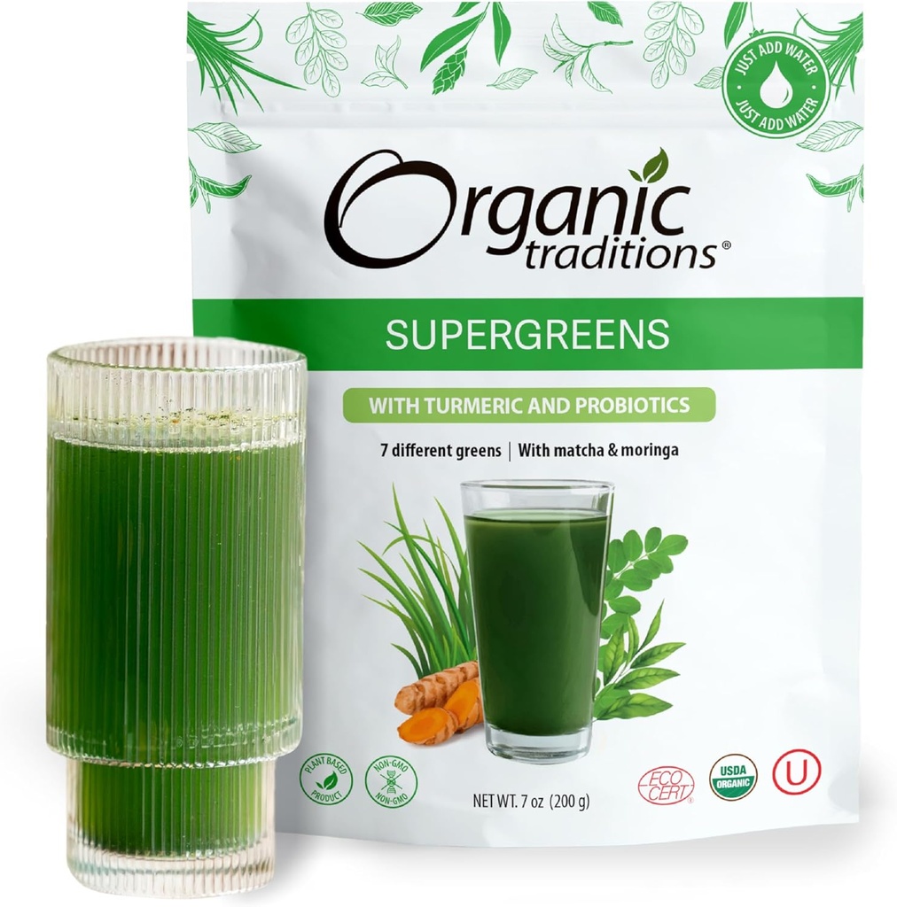 Bio Traditionen Super Greens Pulver Superfood mit Turmeric, Bio Greens Superfood Pulver, 200g / 7oz Tasche