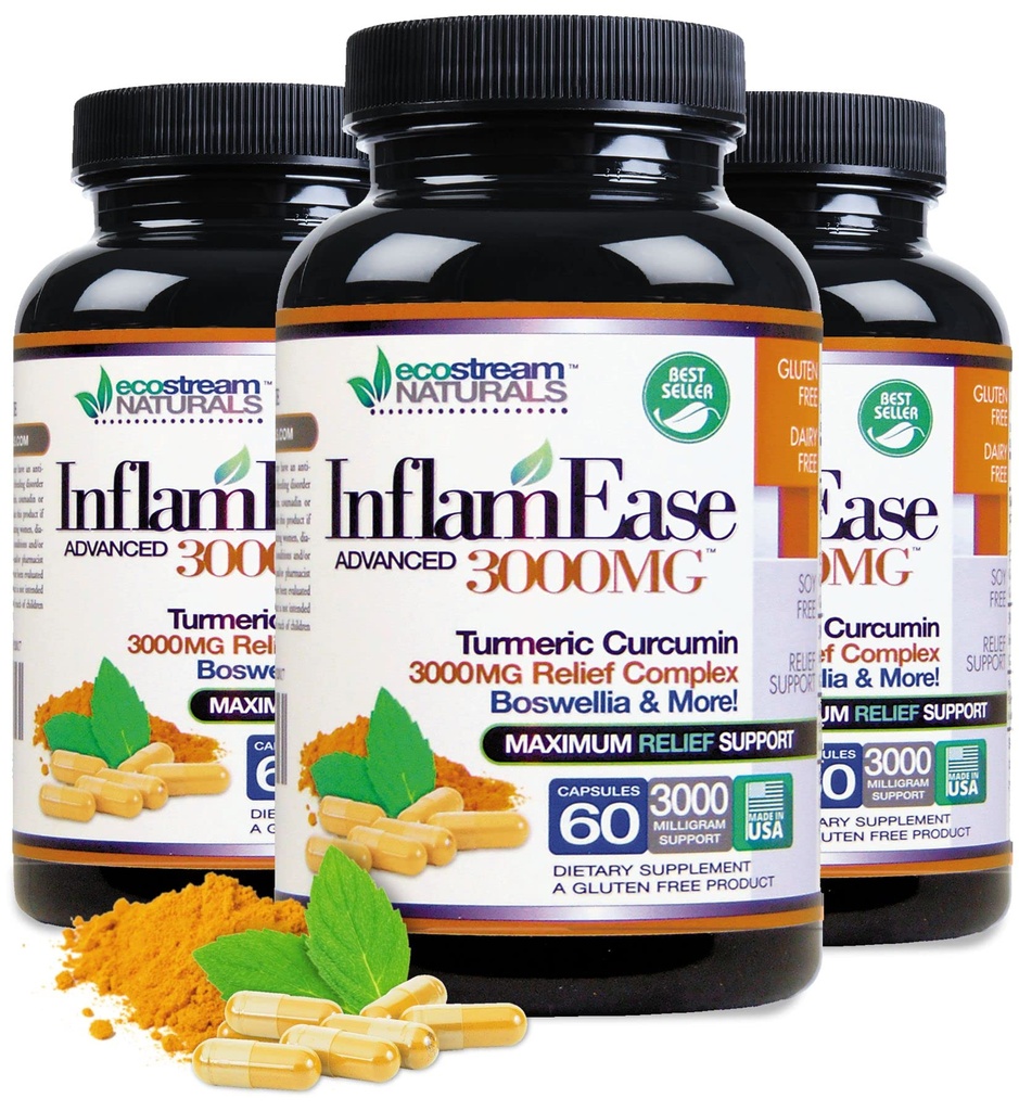 Paket von 3 - Natürliche Advanced InflamEase mit Kurkuma, Enzyme und Boswellia - Vegetarisch (Packaging Mai Vary)