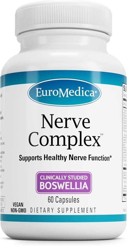 EuroMedica Nerve Complex - Kräuterergänzung mit Bioactive Vitamin B12 - Zirkulation & Nerve Health Support Supplement - Vegan Kapseln mit Boswellia Serrata - 60 Kapseln
