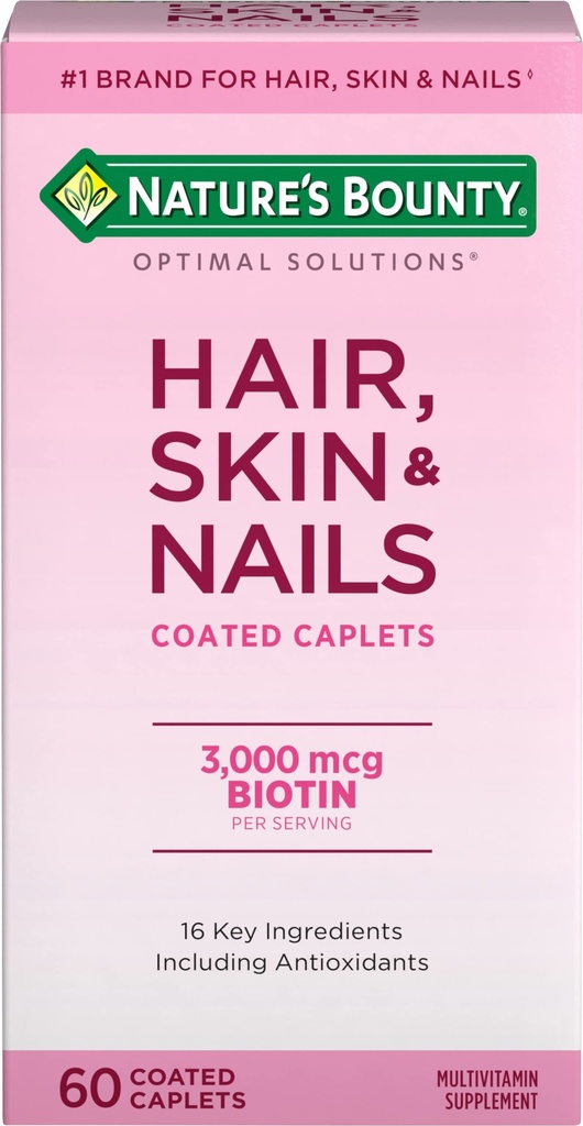 Nature's Bounty Optimal Solutions Formule cheveux, peau et ongles, avec 3000 mcg Biotin, 60 Caplets enduits, 20 Total des services