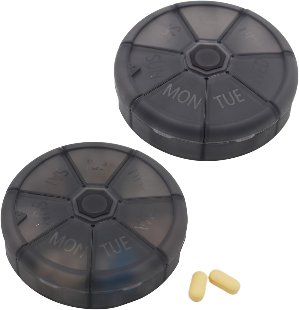 Portable Weekly Pill Organizer 7 Day Pills Container, Rotondo Pill Case Travel Friendly, Daily Week Pill Reminder Case, BPA-Free Vitamin, Supplemento, Fish Oil, Medication Planner (nero)