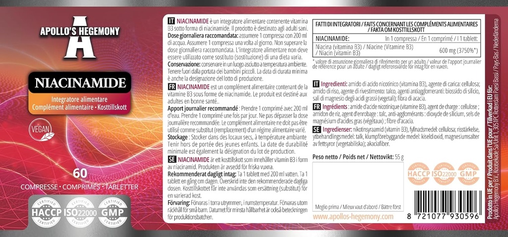 APOLLO'S HEGEMONY Niacinamide 500 mg pro Tablet - 60 Vegan Tabletten - 2 Monate Versorgung - Unterstützt Energie und Nerven Funktion - Vitamin B3 Nahrungsergänzung