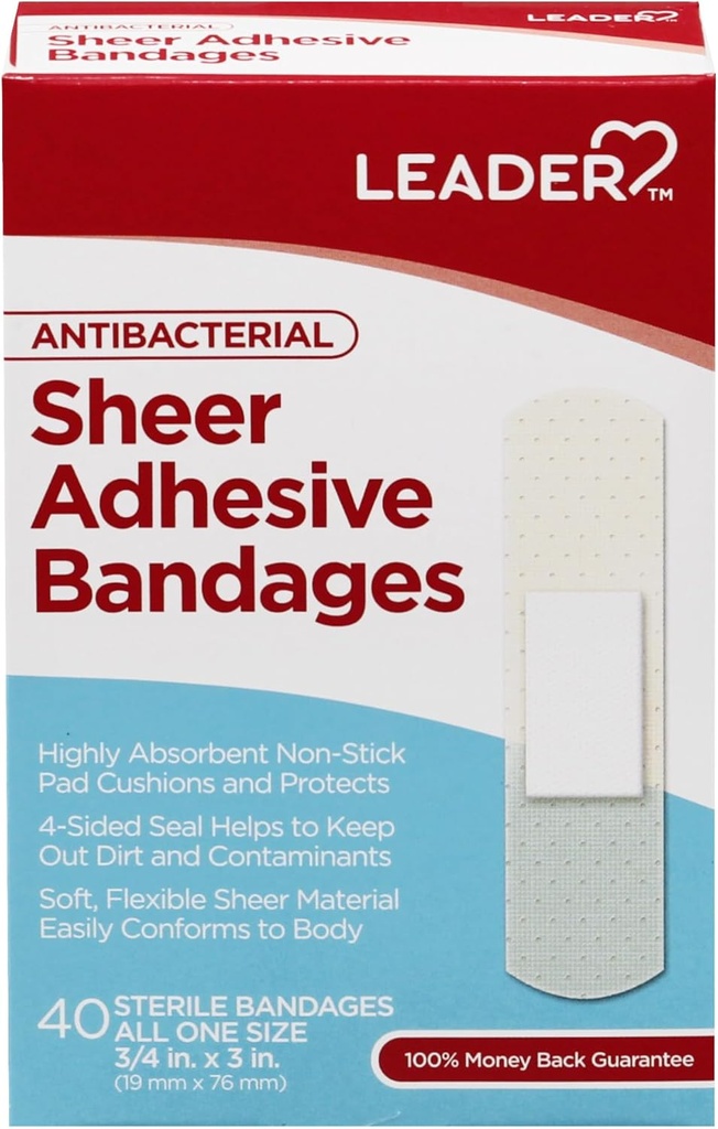 LEADER Sterile Sheer Adhesive Bandagen, Latexfrei, Blends mit Haut, hilft, Infektion zu verhindern, Komfortabler Schutz für Erste Hilfe und Wund Pflege (3/4" x 3", 40 Zähler)