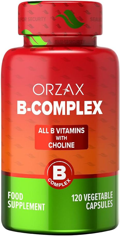 Supplément complexe de vitamine B ORZAX pour les femmes et les hommes avec Choline, Inositol - Métabolisme énergétique équilibré - Santé immunitaire et nerveuse (120 gélules de Veg)