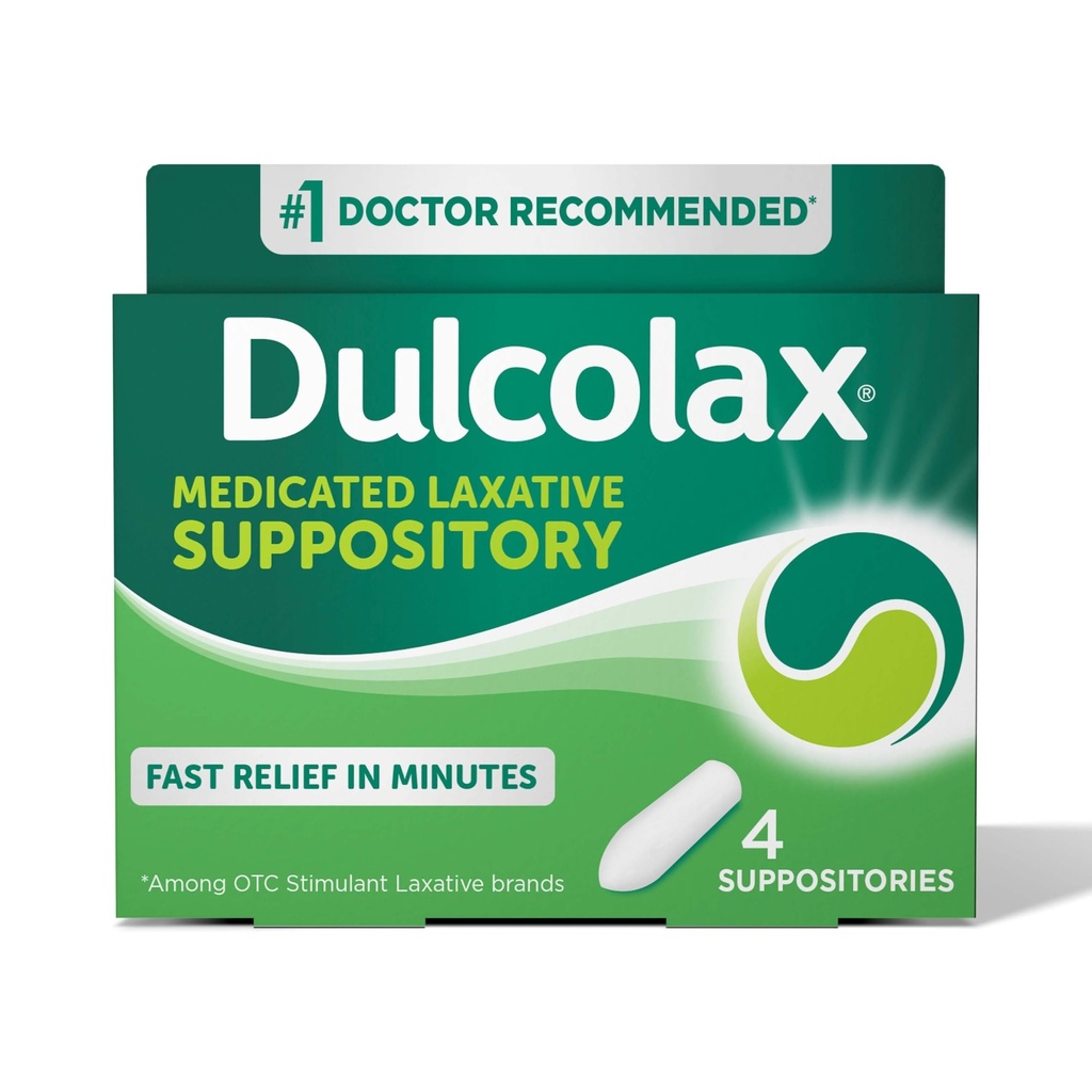 Dulcolax Stimulant Laxatif Suppositoires médicamentées, Prodictable & Effective Constipation Relief, Bisacodyl 10 mg, 4 Compte
