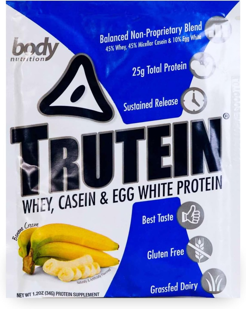 Body Nutrition Trutein High Protein Powder: 45% Whey, 45% Casein, 10% Eiweiß, Glutenfrei, Low Sodium, Gras Fed Whey Protein Powder, Gym Supplement & Breakfast Shake, Banana Cream, 34g Probe