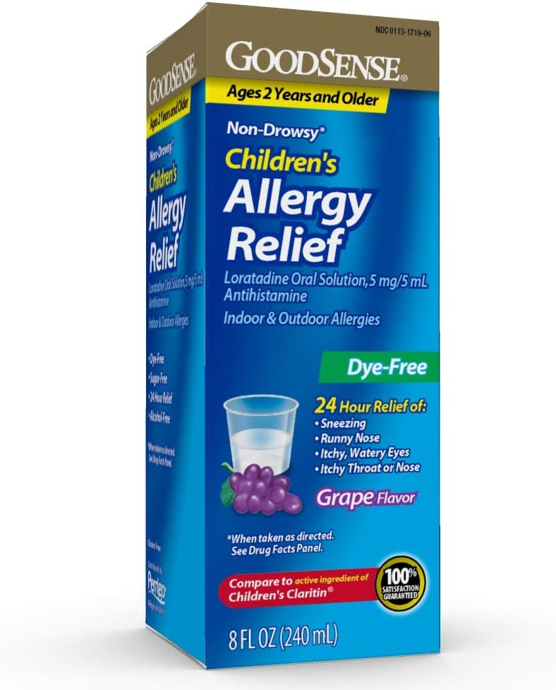 GoodSense Medicina dell'allergia dei bambini, 24 ore Loratadine Soluzione orale 5 mg/5 mL, Dye-Free, Antistamina non-Drowsy, Uva Flavor, Età 2 e Anziana, 8 oz