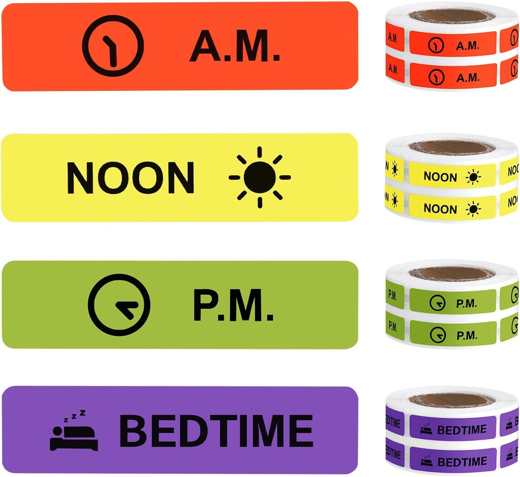 Stickers Médecine Instruction Médicament Étiquette Papier Permanent Étiquette AM NOON PM Lit pour Pill case Planner 0,4 * 1,6inch (500 par rouleau 4 Pack)