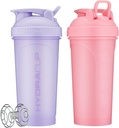 Hydra Cup ProFlow [2 Pack] Bouteilles Shaker de 28 oz pour agiter les protéines, Bouchons Shaker avec fouet à bille, Bouteille Shaker avec poignée, Voyage pour aller, sans BPA (Pink & Purple, 28oz)