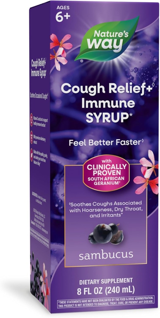 Nature’s Way Sambucus Cough Relief +(1) Immunsirup*, Feel Better Faster(1), Clinical Proven South African Geranium, mit Elderberry Extract, Vitamin C & Zink, 8 Oz (Packaging May Vary)