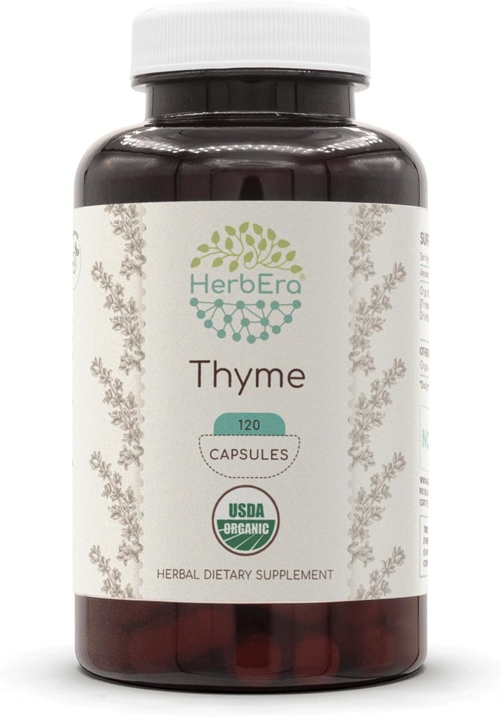 HerbEra Thyme USDA Organic 120 Capsule | Natural Herbal Supplement | Capsule Vegetariani Organici Certificati e Timo Organico (Thymus Vulgaris) Foglia secca (120 Capsule)
