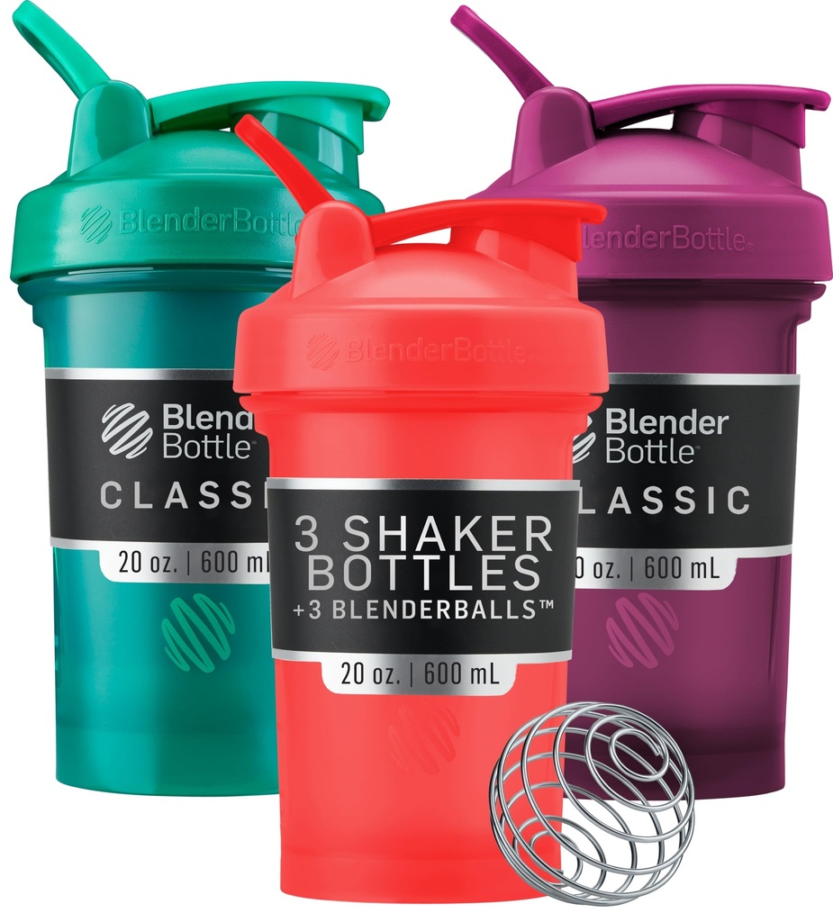 BlenderBottle Classic V2 Shaker Bottiglia Perfetta per Protein Shaker e Pre Workout, 20-Ounce (3 Pack), Rosso, Verde, Plum