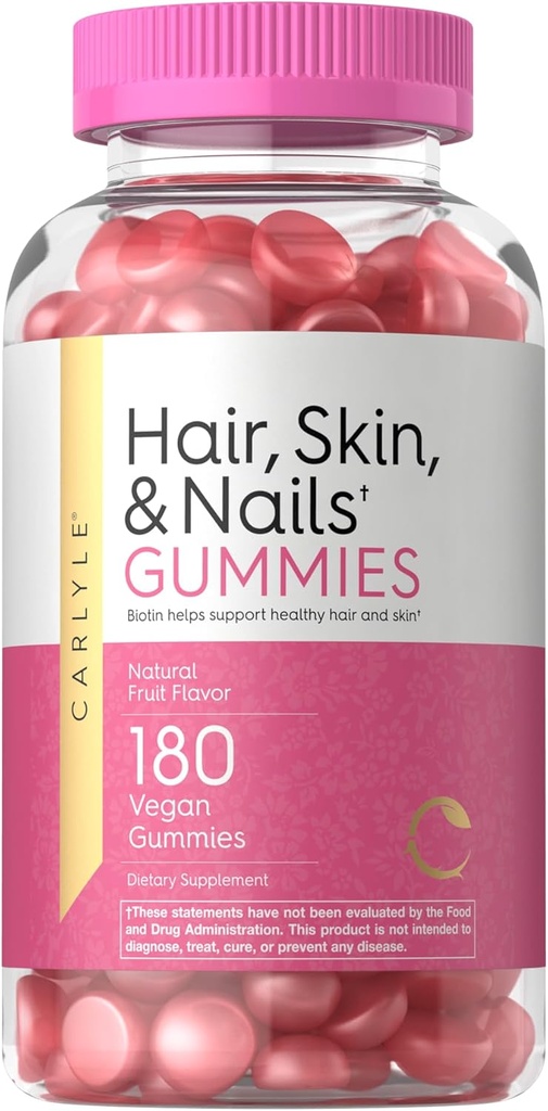 Carlyle Hair Skin and Nails Vitamins | 180 Vegan Gummies | Frutta aromatizzata Supplemento per uomini e donne | con Biotin | Non-GMO & Gluten Free