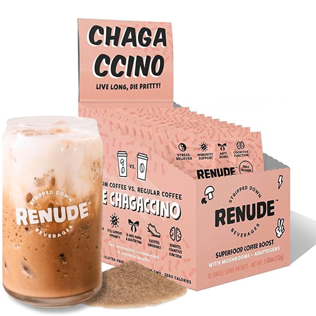 Renude Chagaccino - Chaga Mushroom Powder, Mushroom Coffee Drink Mix con additivi, energia naturale e supporto immunitario, Vegan, Keto, Zero Calorie Mushroom Blend Powder - 10 Servings