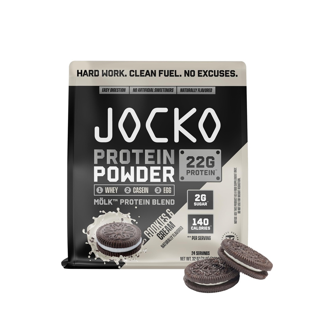 Jocko Carburant Mölk Whey poudre de protéines - Keto, probiotiques, enzymes digestives, acides aminés, mélange de fruits à faible teneur en sucre - soutient la récupération et la croissance musculaire (24 portions, cookies et crème)