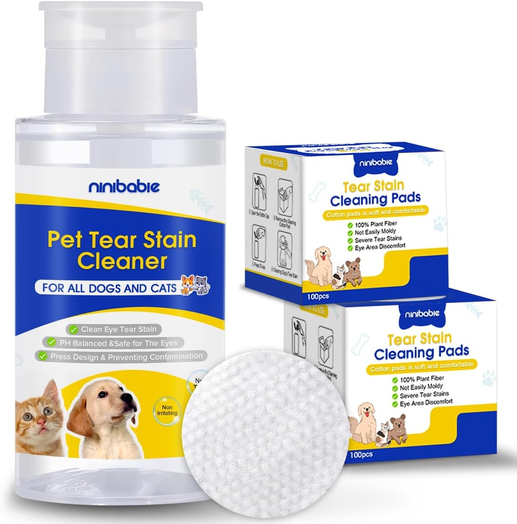 Tear Stain Cleaner for Dogs and Cats,Gently Remove Tear Stain,Eye Debris,Mucus Secretions with 200Pcs Eye Dry Wipes,Eye Cleaner Dry Pads,Not Easily Evaporated