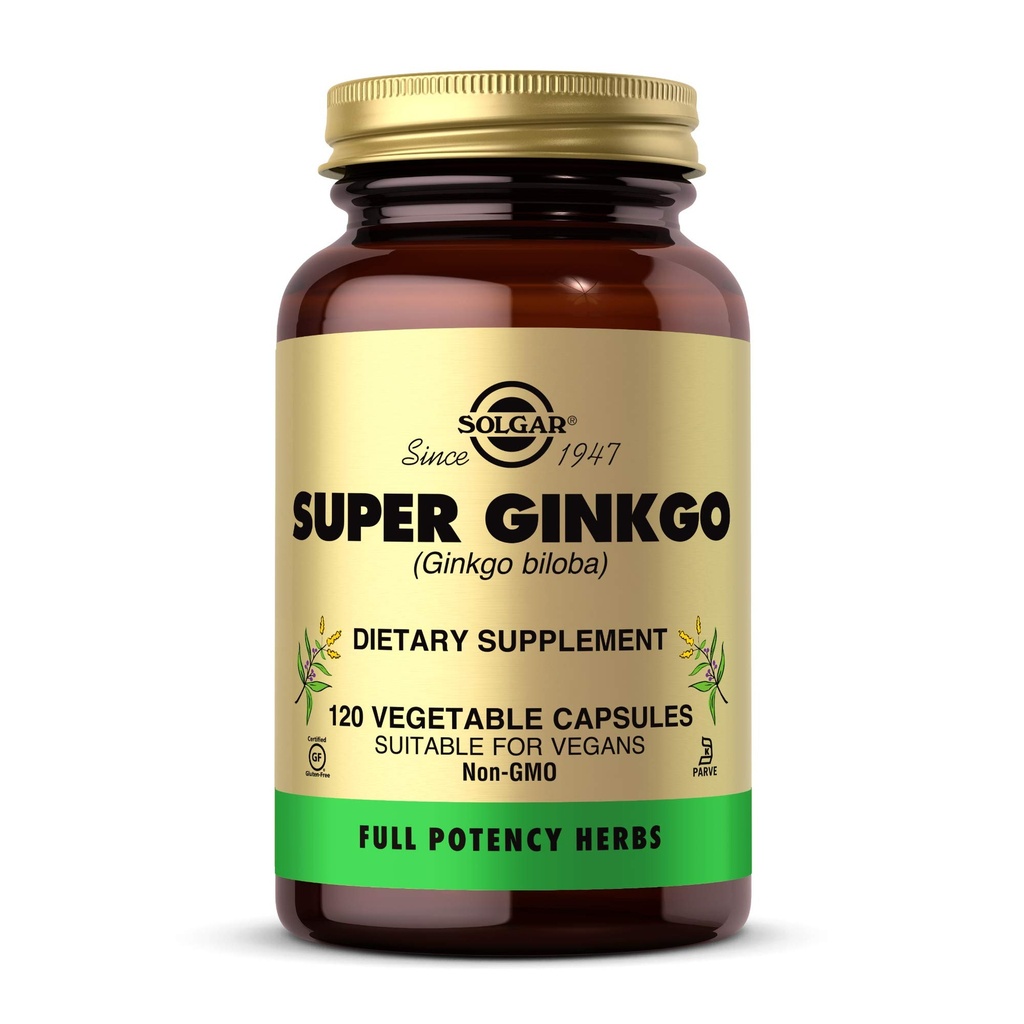 Solgar Super Ginkgo, 120 pflanzliche Kapseln - Volle Potenz (FP) - Antioxidant & Nervous System Unterstützung - Gehirngesundheit - Non-GMO, Vegan, Glutenfrei, Dairy Free, Kosher - 120 Servierungen