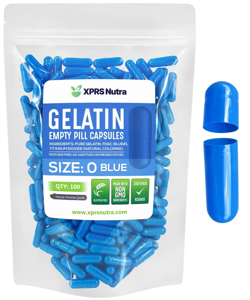 XPRS Nutra Taille 0 Capsules vides - 100 Compte Capsules de gélatine vides - Pills Bricolage Capsule Remplissage - Pure Pill Gel Caps pour Do-It-Youlf Suppléments (Blue)