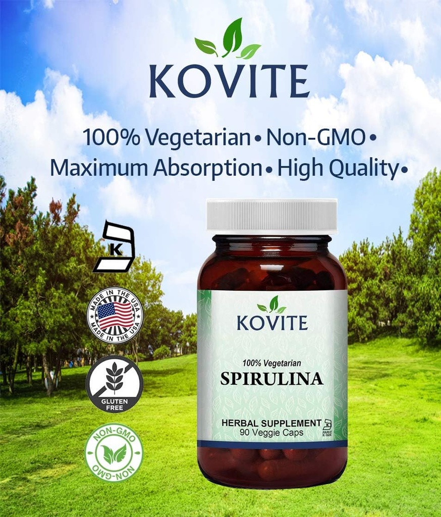 Spirulina Capsules - 90 Vegetable Capsules - has 450 mg Organic Spirulina Powder - Kosher & Vegan