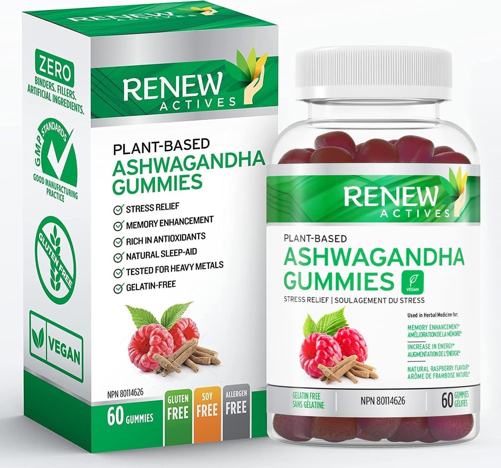 Ashwagandha 100MG per 4 Gummis – Memory, Focus & Energy Boost – Traditionell als rejuvenative Tonik – Vegan, pflanzliches Adaptogen – Made in Canada – 60 Gummis