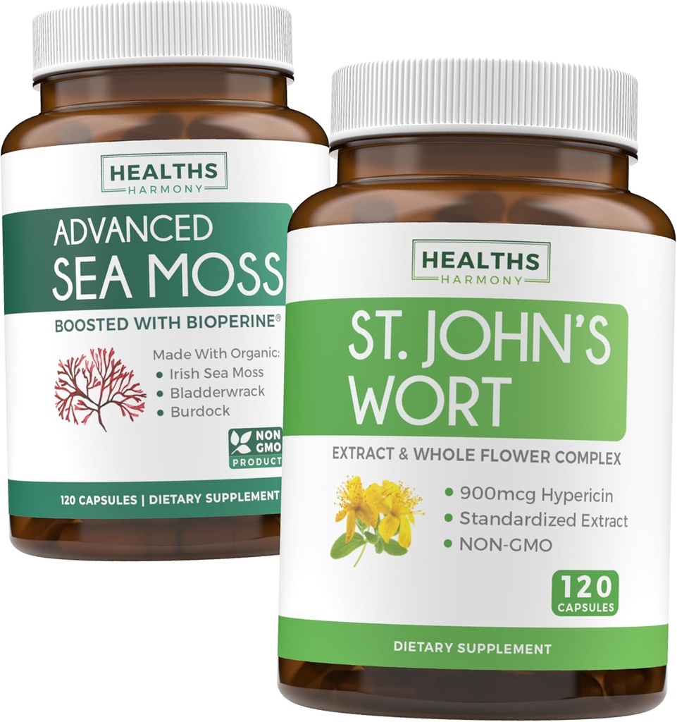 Sea Moss & St. John's Wort (2-Monats-Versorgung) Mood Moss Blend - Organic Irish Sea Moss - Raw Vegan Supplement (120 Caps) & St John's Wort mit leistungsstarken 900mcg Hypericin Vegan Non-GMO (120 Kapseln)