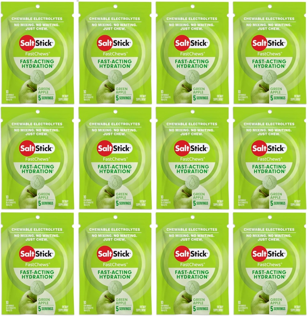 SaltStick Electrolyte FastChews - 120 Comprimés de pommes vert - Comprimés d'électrolyte pour l'hydratation, les onglets de sel - 10 Comprimés (paquet de 12)