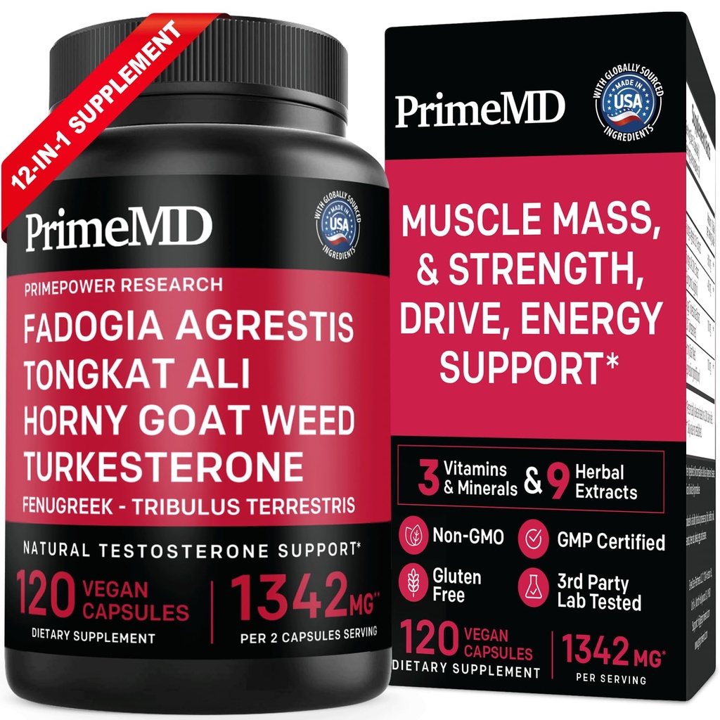 PrimeMD 12-in-1 Fadogia Agrestis e Tongkat Ali - Supplemento di testosterone per gli uomini con Turkesterone - HornyGoatWeed per gli uomini per il benessere generale con 1342mg Per Serving (120 capsule) (Pack di 1)