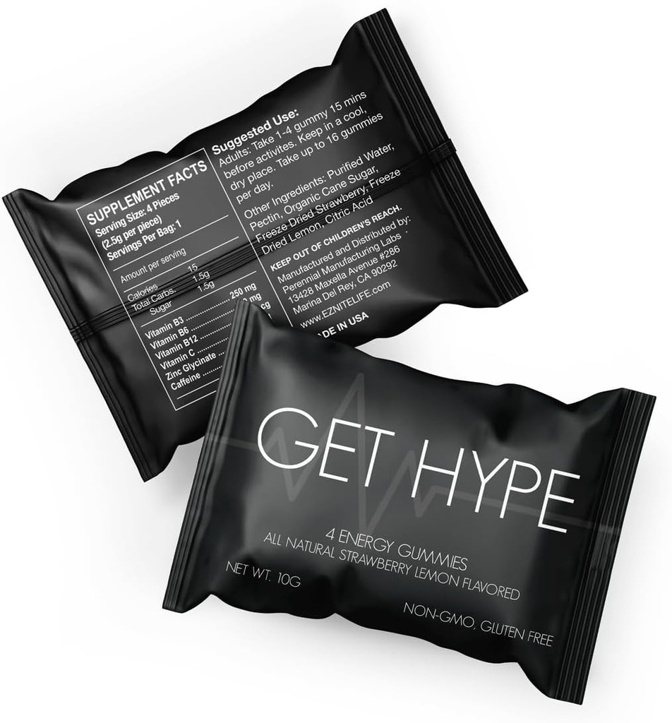 GET Hype Energy Gummies | Vegan, Non OGM, Gluten-Free Energy Supplement with Caffeine, Vitamina B12, B6, Vitamin C & Zinc | Boost Focus, Mental Clarity & Energy | Individually Wrapped, Confezione da 12