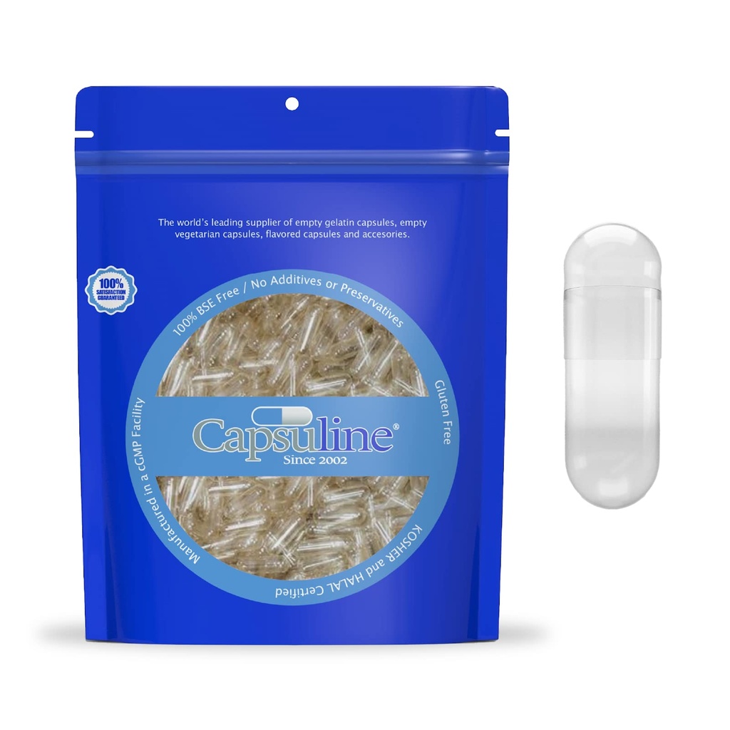 Capsuline Size 00 - Capsule Gelatino Vuoto - 5000 Count - Capsule Pillole Gel Vuoto - Riempimento di capsule di pillola Bovina Pure fai da te - Cappotti vuoti - Kosher, Gluten Free e Halal Certified Clear