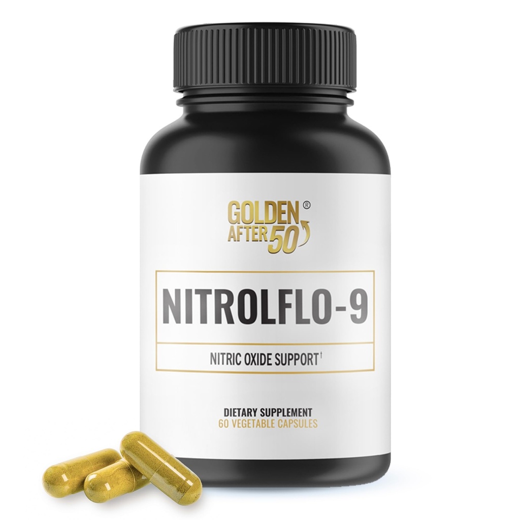 Golden After 50 NitrolFlo-9 - Supplément d'oxyde nitrique alimenté par la nature avec extrait de grenade, graines de raisin et S7® - supporte la circulation des nutriments et l'énergie optimale - 60 capsules