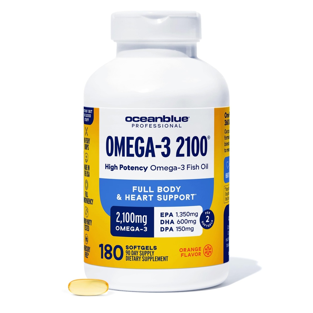 Oceanblue Professional Omega-3 2100 – 180 ct – Triple Strength Burpless Fish Oil Supplement mit High-Potency EPA, DHA, DPA – Wild-Caught – Orange Flavor (90 Portionen)