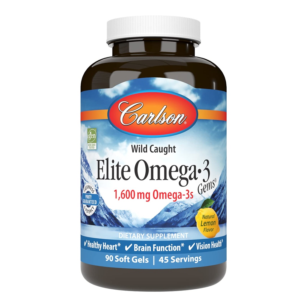 Carlson Elite Omega-3 Gems, 1600mg Omega-3s con EPA & DHA, Wild-Caught Norwegian Fish Oil, Limone Flavor, 90 Softgels