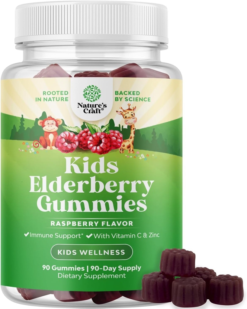 Natures Craft Sambucus Elderberry Gummies für Kinder Gesundheit - Delicious Black Elderberry Gummies mit Zink und Vitamin C für Kinder Immununterstützung - Gelatin und Gluten Free Non-GMO Immunität Support 90