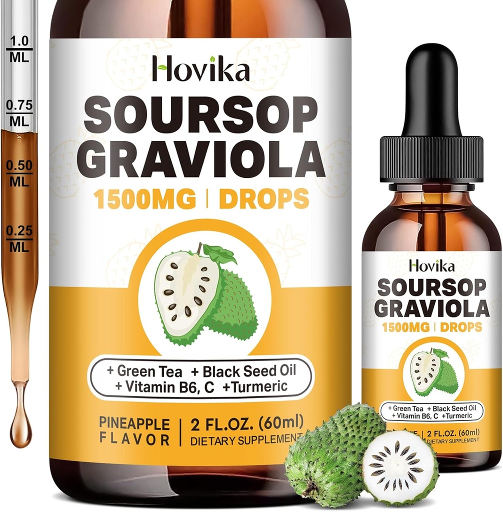 Soursop Graviola Liquid Drops 1500mg - Soursop Leaves & Fruit with Green Tea, Black Seed Oil, Turmeric for Cell Support, Immune, Antiossidante - Bitters Liquid, Ananas naturale Flavor 2 Fl Oz