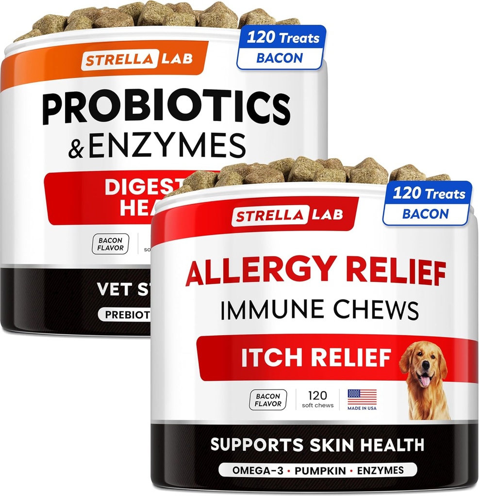 Probiotici + Allergy Relief per cani Bundle - Chewable Fiber Supplement + Itchy Skin Treatment - Enzimi digestivi + Pumpkin - Upset Stomach Relief + Hotspot Relief -240 ct - Made in USA