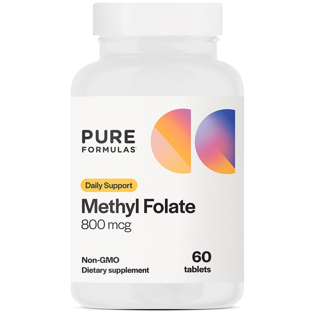 PureFormulas Methylfolate 800 mcg – Aktive B9 (5-MTHF) für Herz-Kreislauf-, Nerve- und Mood-Gesundheit, Non-GMO Vegetarische Tabletten, 60 Zähler