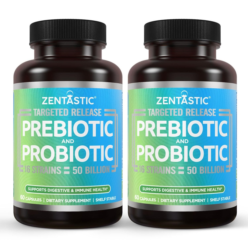 Supplément de probiotiques et de prébiotiques Zentastic - 50 milliards CFU - pour les hommes et les femmes Immunis et santé digestive - 16 souches - Étagère stable - 120 gélules à libération différée
